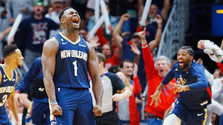 Dec 11, 2022; New Orleans, Louisiana, USA; New Orleans Pelicans forward Zion Williamson (1) reacts