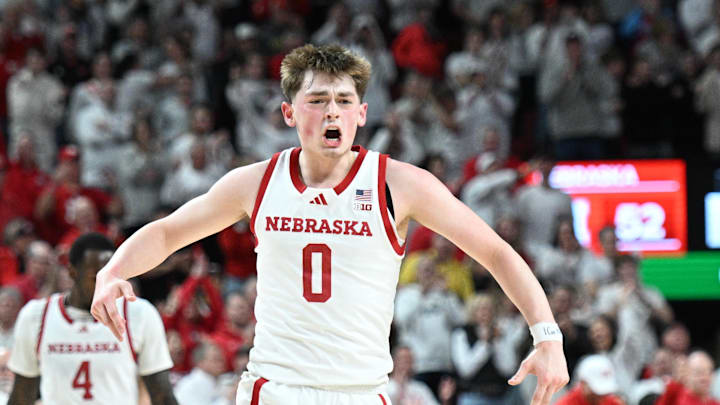Mar 1, 2025; Lincoln, Nebraska, USA; Nebraska Cornhuskers guard Connor Essegian (0) reacts after scoring on a three point basket against the Minnesota Golden Gophers during the second half at Pinnacle Bank Arena. Mandatory Credit: Steven Branscombe-Imagn Images Mar 1, 2025; Lincoln, Nebraska, USA; Nebraska Cornhuskers guard Connor Essegian (0) reacts after scoring on a three point basket against the Minnesota Golden Gophers during the second half at Pinnacle Bank Arena. Mandatory Credit: Steven Branscombe-Imagn Images