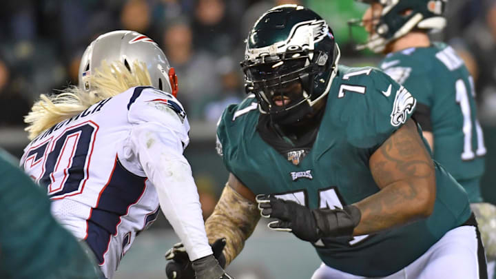 Nov 17, 2019; Philadelphia, PA, USA; Philadelphia Eagles offensive tackle Jason Peters (71) prepares to block against the New England Patriots at Lincoln Financial Field. Mandatory Credit: Eric Hartline-Imagn Images
