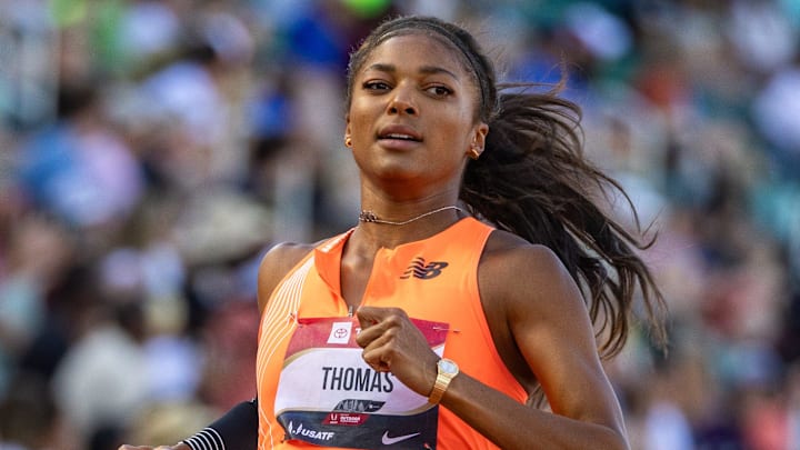 Gabby Thomas finished day four of the 2023 USA Track and Field Championships as the national champion in the women’s 200 meters. Gabby Thomas finished day four of the 2023 USA Track and Field Championships as the national champion in the women’s 200 meters.