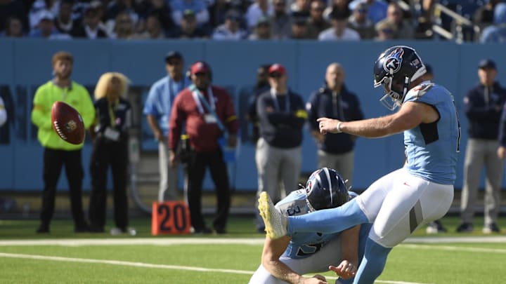 Nov 23, 2025; Nashville, Tennessee, USA; Tennessee Titans place kicker Joey Slye (6) kicks a field goal during the first half against the Seattle Seahawks at Nissan Stadium. Mandatory Credit: Steve Roberts-Imagn Images