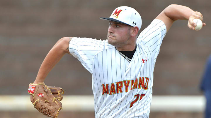 Maryland Terps pitcher Tayler Stiles (25) pitches during the seventh inning against the Virginia Cavaliers at Davenport  Field.