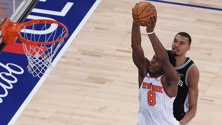 Jun 8, 2026; New York, New York, USA; New York Knicks forward OG Anunoby (8) dunks the ball against San Antonio Spurs forward Victor Wembanyama (1) during game three of the 2026 NBA Finals in the first quarter at Madison Square Garden. Mandatory Credit: Wendell Cruz-Imagn Images Jun 8, 2026; New York, New York, USA; New York Knicks forward OG Anunoby (8) dunks the ball against San Antonio Spurs forward Victor Wembanyama (1) during game three of the 2026 NBA Finals in the first quarter at Madison Square Garden. Mandatory Credit: Wendell Cruz-Imagn Images