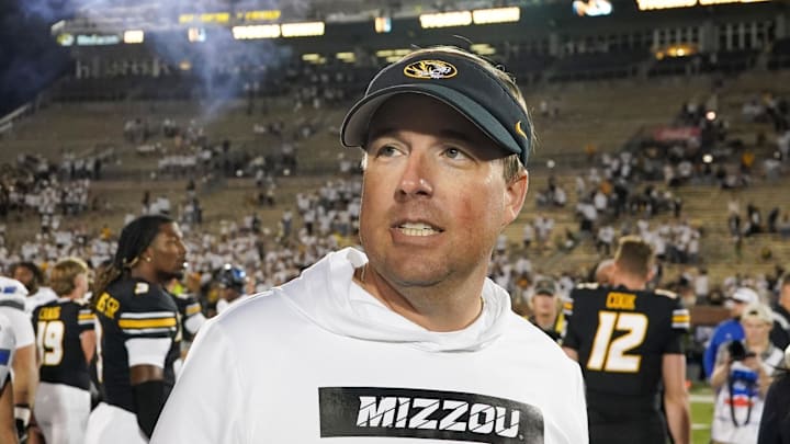 Sep 7, 2024; Columbia, Missouri, USA; Missouri Tigers head coach Eli Drinkwitz on field after the win over the Buffalo Bulls at Faurot Field at Memorial Stadium. Mandatory Credit: Denny Medley-Imagn Images