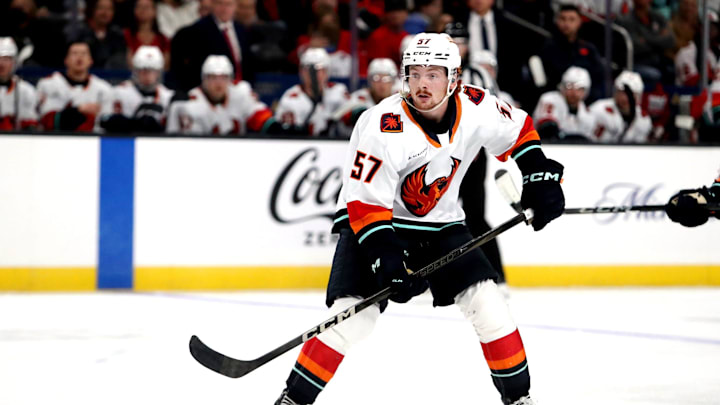Firebirds forward Jagger Firkus (57) scored the lone goal for the Firebirds in the season opener loss to the Bakersfield Condors at Acrisure Arena in Palm Desert, Calif., on Friday, Oct. 11, 2024.