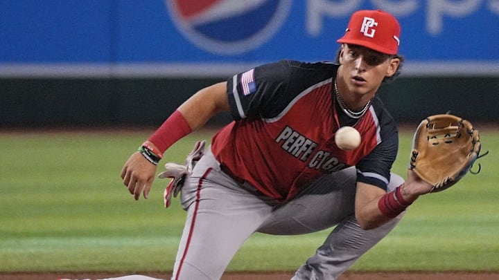 West Squad's Roch Cholowsky, of Hamilton High School in Chandler, catches a ball at second base mid-inning during the Perfect Game All-American Classic at Chase Field on Sunday, Aug. 28, 2022.
Uscp 7mie98j253cy1fd11rk2 Original West Squad's Roch Cholowsky, of Hamilton High School in Chandler, catches a ball at second base mid-inning during the Perfect Game All-American Classic at Chase Field on Sunday, Aug. 28, 2022.
Uscp 7mie98j253cy1fd11rk2 Original