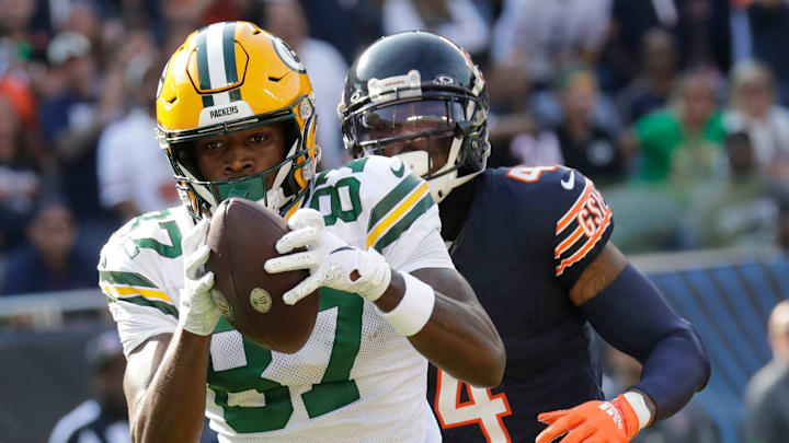 Green Bay Packers wide receiver Romeo Doubs (87) catches a touchdown pass against Chicago Bears last season. The Packers will play at Chicago on Sunday.