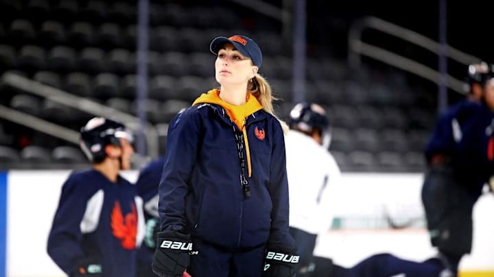 Coachella Valley Firebirds assistant coach Jessica Campbell watches players run drills at Acrisure Arena in Palm Desert, Calif., on Tuesday, May 28, 2024.