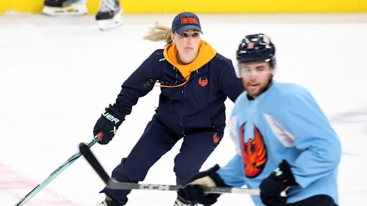 Coachella Valley Firebirds assistant coach Jessica Campbell runs through drills with the team at Acrisure Arena in Palm Desert, Calif., on Tuesday, May 28, 2024.