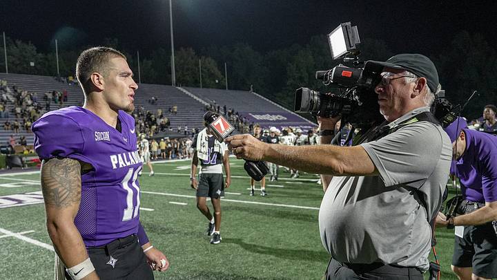 Furman University quarterback Jake Garcia (11) is interviewed after the game at Paladin Stadium in Greenville, S.C. Thursday, August 27, 2026. Furman won 20-3. Furman University quarterback Jake Garcia (11) is interviewed after the game at Paladin Stadium in Greenville, S.C. Thursday, August 27, 2026. Furman won 20-3.