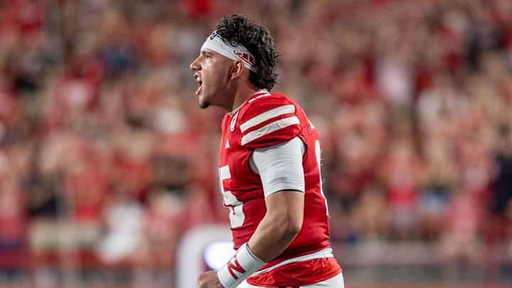 Nebraska quarterback Dylan Raiola celebrates during the Illinois game.