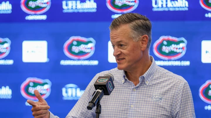 Florida Athletic Director Scott Strickllin speaks during a press conference about Billy Napier’s firing at Heavener Football Center in Gainesville, FL on Monday, October 20, 2025. [Alan Youngblood/Gainesville Sun]