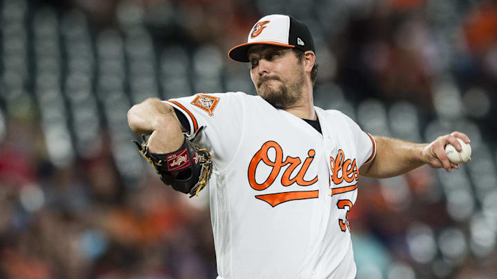 Sep 20, 2017; Baltimore, MD, USA; Baltimore Orioles starting pitcher Wade Miley (38) pitches in the first inning against the Boston Red Sox at Oriole Park at Camden Yards. Mandatory Credit: Patrick McDermott-Imagn Images