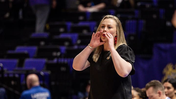 Mar 17, 2023; Baton Rouge, LA, USA;  UNLV Lady Rebels head coach Lindy La Rocque reacts to a play against the Michigan Wolverines during the second half at Pete Maravich Assembly Center. Mandatory Credit: Stephen Lew-Imagn Images