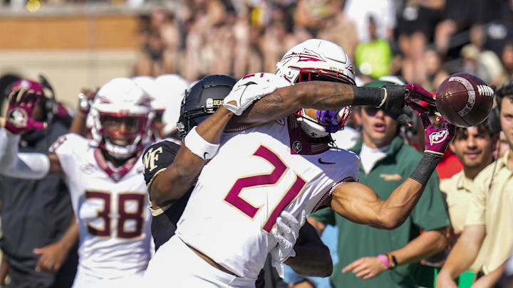 Oct 28, 2023; Winston-Salem, North Carolina, USA; Florida State Seminoles defensive back Greedy