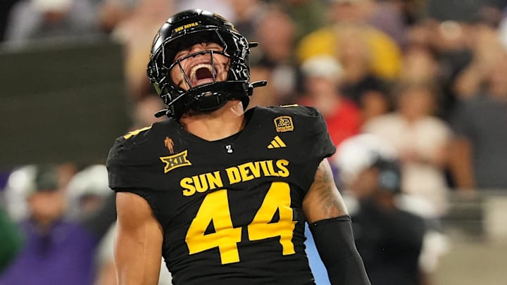 Sep 26, 2025; Tempe, Arizona, USA; Arizona State Sun Devils linebacker Keyshaun Elliott (44) reacts after tackle against TCU Horned Frogs in the first half at Mountain America Stadium, Home of the ASU Sun Devils. Mandatory Credit: Jacob Reiner-Imagn Images