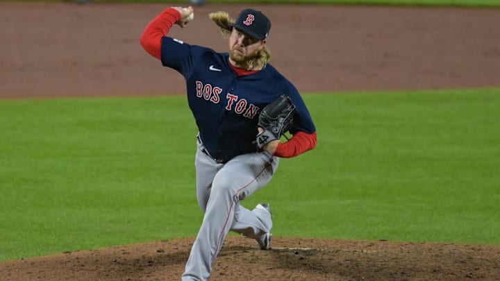 Apr 25, 2023; Baltimore, Maryland, USA;  Boston Red Sox relief pitcher Kaleb Ort (61) throws a ninth inning pitch against the Baltimore Orioles at Oriole Park at Camden Yards.