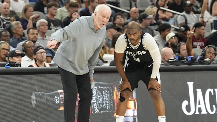 Gregg Popovich and Chris Paul during a game this season.