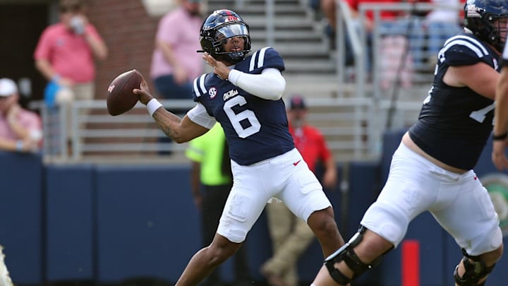 Nov 8, 2025; Oxford, Mississippi, USA; Mississippi Rebels quarterback Trinidad Chambliss (6) passes the ball during the second quarter against The Citadel Bulldogs at Vaught-Hemingway Stadium. Mandatory Credit: Petre Thomas-Imagn Images Nov 8, 2025; Oxford, Mississippi, USA; Mississippi Rebels quarterback Trinidad Chambliss (6) passes the ball during the second quarter against The Citadel Bulldogs at Vaught-Hemingway Stadium. Mandatory Credit: Petre Thomas-Imagn Images