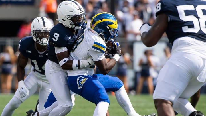 Penn State safety King Mack makes a tackle against Delaware during a Nittany Lions game in 2023 at Beaver Stadium.