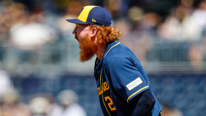 Aug 12, 2026; San Diego, California, USA; Milwaukee Brewers starting pitcher Dustin May (21) celebrates during the seventh inning against the San Diego Padres at Petco Park. Mandatory Credit: David Frerker-Imagn Images