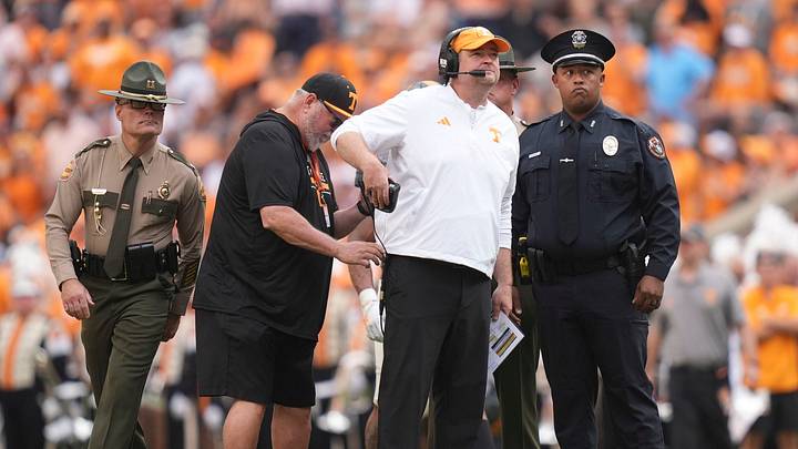 Tennessee coach Josh Heupel at the end of the second quarter during a game between Tennessee and Auburn in Neyland Stadium in Knoxville, Tennessee, Oct. 3, 2026. Tennessee coach Josh Heupel at the end of the second quarter during a game between Tennessee and Auburn in Neyland Stadium in Knoxville, Tennessee, Oct. 3, 2026.