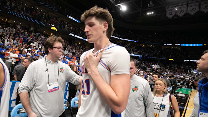 Florida forward Alex Condon (21) reacts after the last second 73-72 loss to Iowa during the NCAA March Madness second round at Benchmark international Arena in Tampa, FL on Friday, March 20, 2026. [Alan Youngblood/Gainesville Sun]