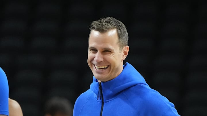 Mar 18, 2026; Greenville, SC, USA; Duke Blue Devils head coach Jon Scheyer reacts during a practice session ahead of the first round of the men's 2026 NCAA Tournament at Bon Secours Wellness Arena. Mandatory Credit: Bob Donnan-Imagn Images