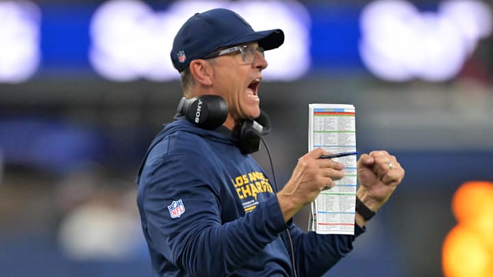 Nov 30, 2025; Inglewood, California, USA; Los Angeles Chargers head coach Jim Harbaugh reacts during the second half at SoFi Stadium. Mandatory Credit: Jayne Kamin-Oncea-Imagn Images
