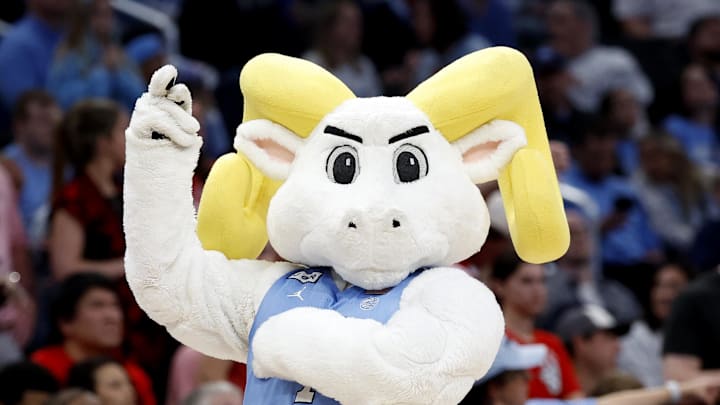 Mar 16, 2024; Washington, D.C., USA; North Carolina Tar Heels mascot, Rameses, performs during the second half at Capital One Arena. Mar 16, 2024; Washington, D.C., USA; North Carolina Tar Heels mascot, Rameses, performs during the second half at Capital One Arena.