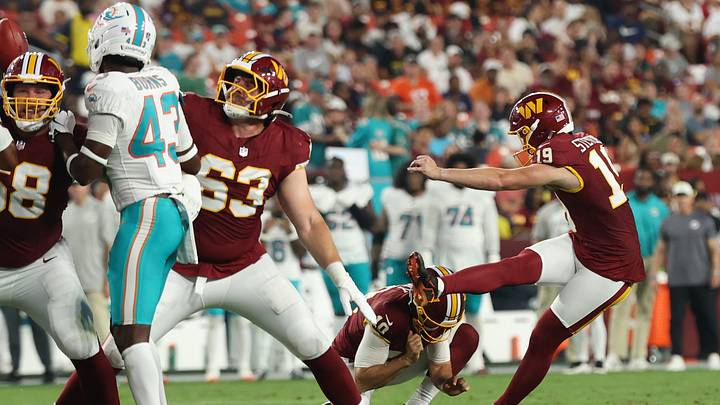 Aug 14, 2026; Landover, Maryland, USA; Washington Commanders place kicker Drew Stevens (19) kicks a field goal against the Miami Dolphins during the first half at Northwest Stadium. Mandatory Credit: Geoff Burke-Imagn Images Aug 14, 2026; Landover, Maryland, USA; Washington Commanders place kicker Drew Stevens (19) kicks a field goal against the Miami Dolphins during the first half at Northwest Stadium. Mandatory Credit: Geoff Burke-Imagn Images