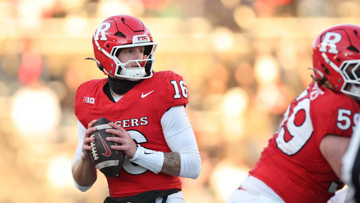 Nov 29, 2025; Piscataway, New Jersey, USA; Rutgers Scarlet Knights quarterback Athan Kaliakmanis (16) drops back to pass during the first half against the Penn State Nittany Lions at SHI Stadium. Mandatory Credit: Vincent Carchietta-Imagn Images