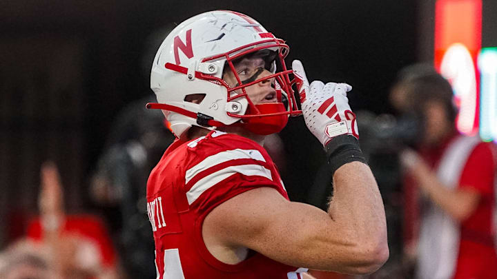 Nebraska Cornhuskers tight end Thomas Fidone II reacts after scoring a touchdown. Nebraska Cornhuskers tight end Thomas Fidone II reacts after scoring a touchdown.