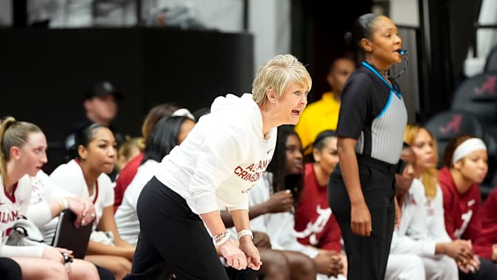 Dec 17, 2025; Tuscaloosa, AL, USA; Alabama head coach Kristy Curry coaches against Tulane at Coleman Coliseum. Mandatory Credit: Gary Cosby Jr.-Tuscaloosa News