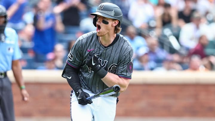 May 25, 2024; New York City, New York, USA;  New York Mets third baseman Brett Baty (22) at Citi Field. Mandatory Credit: Wendell Cruz-Imagn Images