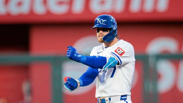 Apr 8, 2025; Kansas City, Missouri, USA;  Kansas City Royals shortstop Bobby Witt Jr. (7) reacts after hitting a double during the fourth inning against the Minnesota Twins at Kauffman Stadium. Mandatory Credit: William Purnell-Imagn Images