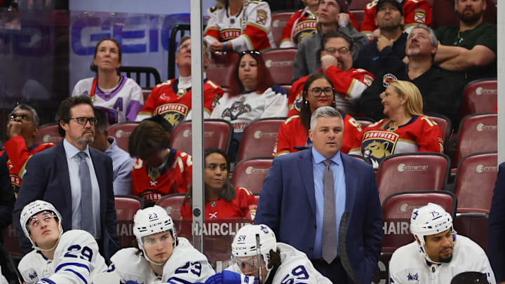 Apr 16, 2024; Sunrise, Florida, USA; Toronto Maple Leafs head coach Sheldon Keefe looks on against the Florida Panthers during the third period at Amerant Bank Arena. Mandatory Credit: Sam Navarro-Imagn Images