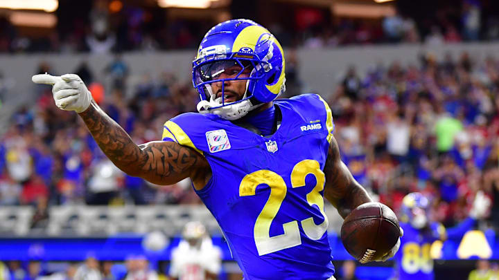 Oct 2, 2025; Inglewood, California, USA; Los Angeles Rams running back Kyren Williams (23) reacts after rushing for a touchdown against the San Francisco 49ers during the first half at SoFi Stadium. Mandatory Credit: Gary A. Vasquez-Imagn Images Oct 2, 2025; Inglewood, California, USA; Los Angeles Rams running back Kyren Williams (23) reacts after rushing for a touchdown against the San Francisco 49ers during the first half at SoFi Stadium. Mandatory Credit: Gary A. Vasquez-Imagn Images