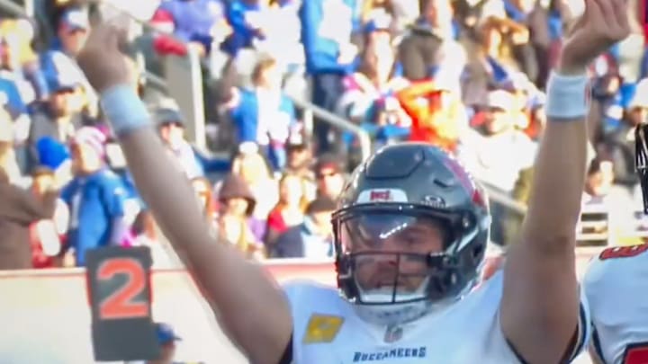 Tampa Bay Buccaneers QB Baker Mayfield did Tommy DeVito's signature TD celebration after scoring against the Giants.