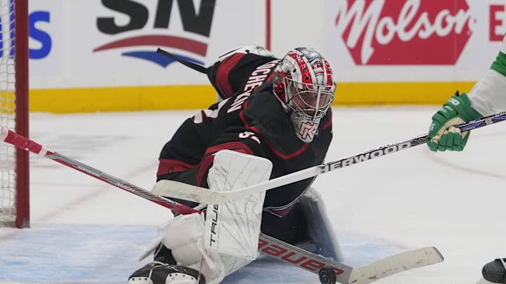 Mar 16, 2024; Toronto, Ontario, CAN; Carolina Hurricanes goaltender Pyotr Kochetkov (52) makes a