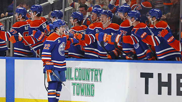 Jan 20, 2026; Edmonton, Alberta, CAN; The Edmonton Oilers celebrate a goal scored by forward Matt Savoie (22) during the second period against the New Jersey Devils at Rogers Place. Mandatory Credit: Perry Nelson-Imagn Images