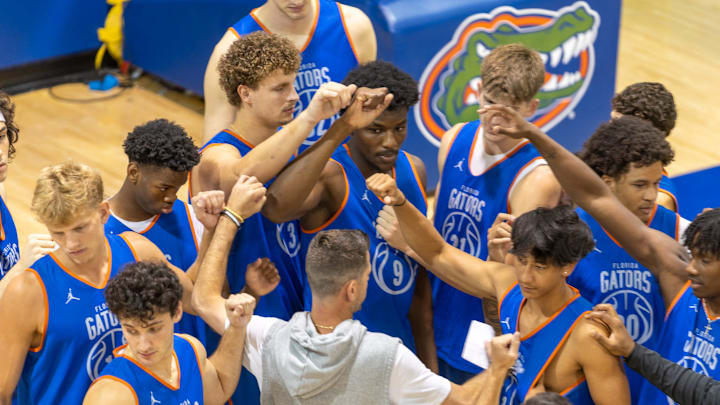Florida head coach Todd Golden, front, fires up the team during afternoon basketball practice at the Florida Basketball Practice Facility in Gainesville, FL on Tuesday, September 30, 2025. [Alan Youngblood/Gainesville Sun]