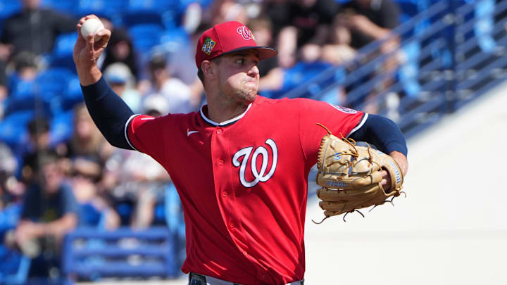 Feb 28, 2026; Port St. Lucie, Florida, USA;  Washington Nationals pitcher Jackson Rutledge (44) pitches in the fifth inning against the New York Mets at Clover Park. Mandatory Credit: Jim Rassol-Imagn Images
