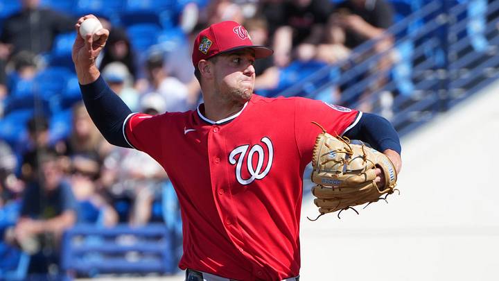 Feb 28, 2026; Port St. Lucie, Florida, USA;  Washington Nationals pitcher Jackson Rutledge (44) pitches in the fifth inning against the New York Mets at Clover Park. Mandatory Credit: Jim Rassol-Imagn Images