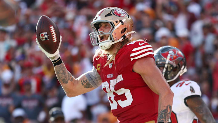 Nov 10, 2024; Tampa, Florida, USA; San Francisco 49ers tight end George Kittle (85) celebrates after scoring a touchdown against the Tampa Bay Buccaneers in the fourth quarter at Raymond James Stadium. Mandatory Credit: Nathan Ray Seebeck-Imagn Images Nov 10, 2024; Tampa, Florida, USA; San Francisco 49ers tight end George Kittle (85) celebrates after scoring a touchdown against the Tampa Bay Buccaneers in the fourth quarter at Raymond James Stadium. Mandatory Credit: Nathan Ray Seebeck-Imagn Images