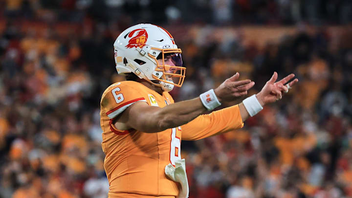 Dec 11, 2025; Tampa, Florida, USA; Tampa Bay Buccaneers quarterback Baker Mayfield (6) reacts toward the Tampa Bay sideline during the first quarter against the Atlanta Falcons at Raymond James Stadium. Mandatory Credit: Kim Klement Neitzel-Imagn Images