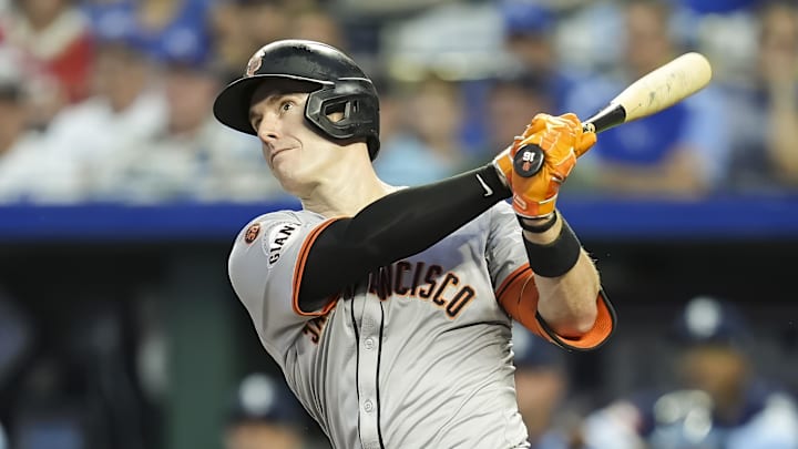 Sep 20, 2024; Kansas City, Missouri, USA; San Francisco Giants first baseman Mark Canha (16) bats during the first inning against the Kansas City Royals at Kauffman Stadium. Mandatory Credit: Jay Biggerstaff-Imagn Images