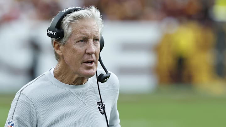 Sep 21, 2025; Landover, Maryland, USA; Las Vegas Raiders head coach Pete Carroll stands on the sidelines against the Washington Commanders during the third quarter at Northwest Stadium. Mandatory Credit: Geoff Burke-Imagn Images