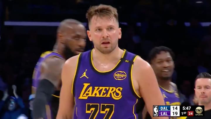 Luka Doncic stares down the Mavs bench.