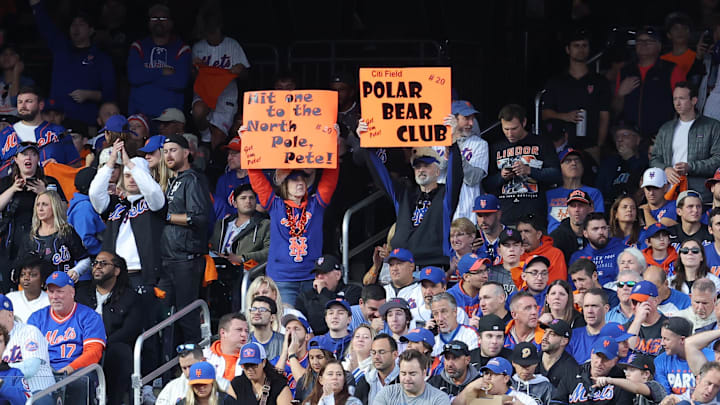 Oct 8, 2024; New York City, New York, USA; Fans cheer with signs for New York Mets first baseman Pete Alonso (not pictured) in the second inning against the Philadelphia Phillies during game three of the NLDS for the 2024 MLB Playoffs at Citi Field. Mandatory Credit: Brad Penner-Imagn Images